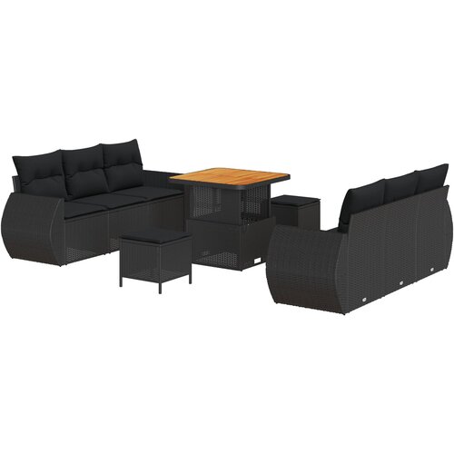 VidaXL 9-delni set vrtnega kavča z blazinami črn poly ratan acacia, 3-delni set vrtne jedilnice z blazinami črn poly ratan acacia Slike