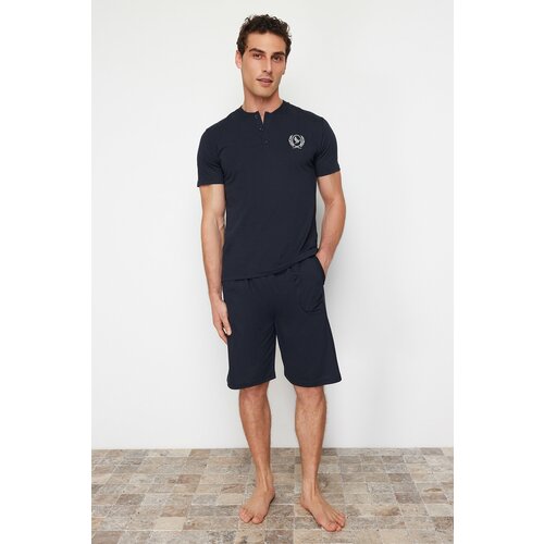 Trendyol Navy Blue Buttoned Collar Regular Fit Pajamas Set with Knitted Shorts Cene