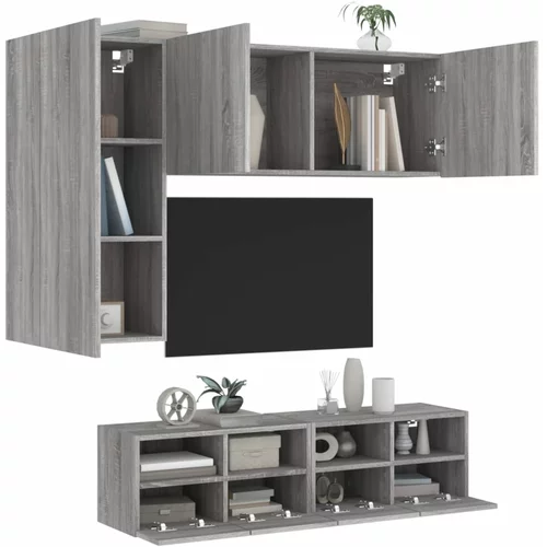  4-dijelni zidni TV elementi siva boja hrasta konstruirano drvo
