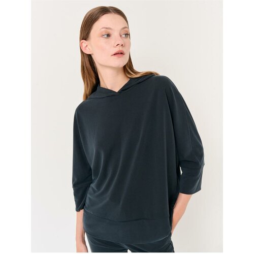 Jimmy Key Black Loose-Fit Three-quarter Sleeve Hooded Knitted Sweatshirt Cene