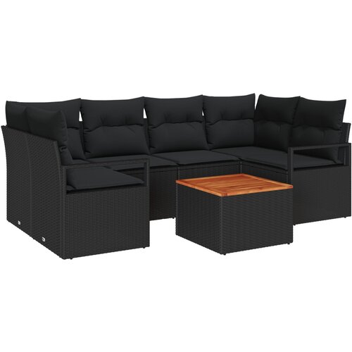 VidaXL 7-dijelni vrtni set sofe s jastučićima crni poli ratan akacija, 2-sjedalna vrtna sofa s jastučićima crni poli ratan Slike