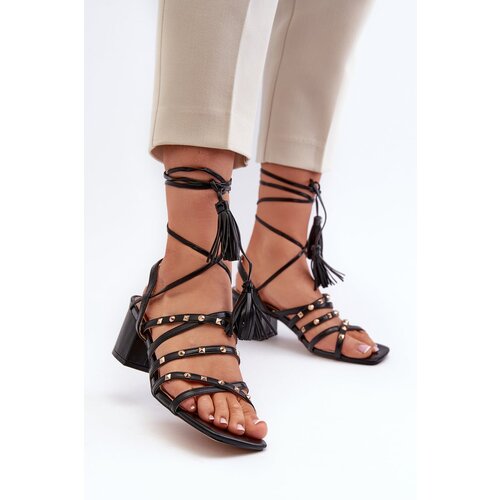PH2 Lace-up Sandals with Low Heels Adorned with Studs Black Chrisele Slike