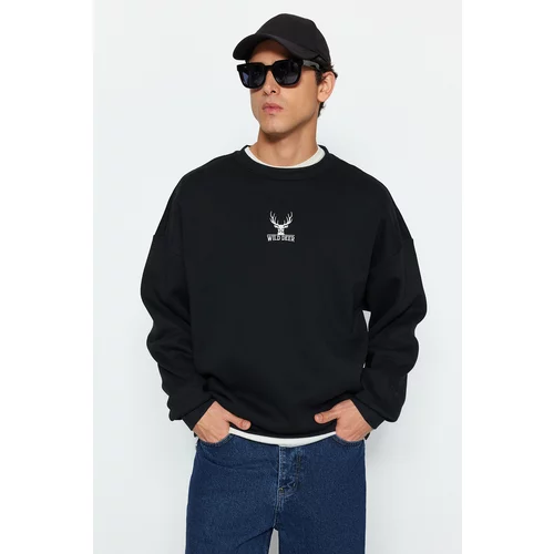 Trendyol Black Men's Oversize/Wide-Fit Crew Neck Long Sleeve Animal Embroidered Sweatshirt.