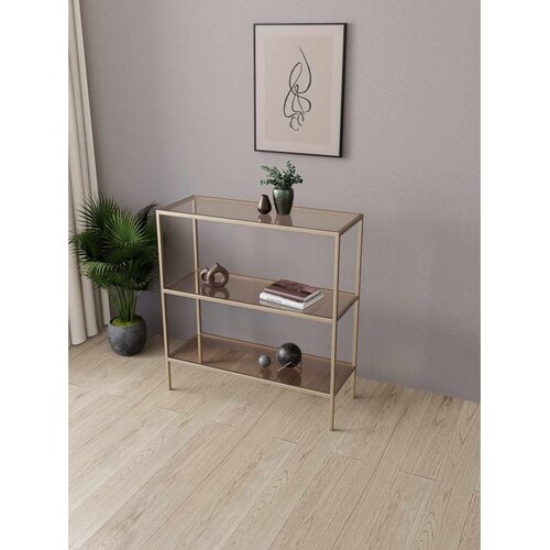 Hanah home trospratna metalna konzola sa staklenim policama 100 &amp;times; 85 &amp;times; 30 cm, zlatni ram, bronzano staklo Slike