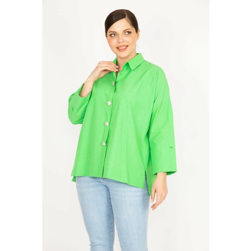 Şans Women's Green Plus Size Stone Buttoned Side Slit Shirt Slike