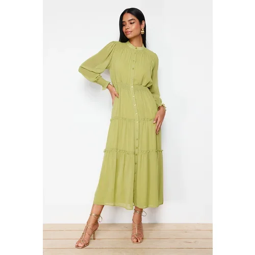 Trendyol Green Sleeves and Waist Gipe Detail Lined Chiffon Woven Shirt Dress