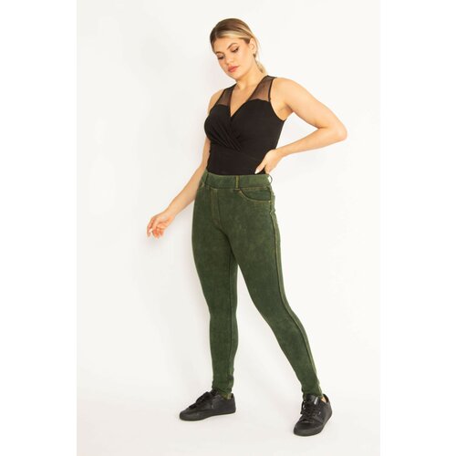 Şans Women's Large Size Green Wash Effect Front Ornamental Pocket Leggings Trousers Slike