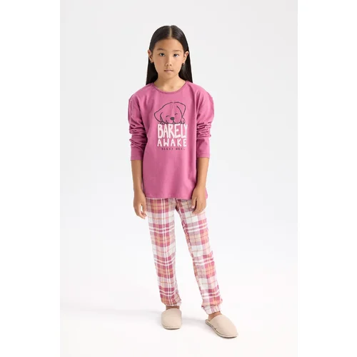 Defacto Girls Pajama Set Printed Long Sleeve Top Elastic Waist Long Bottom