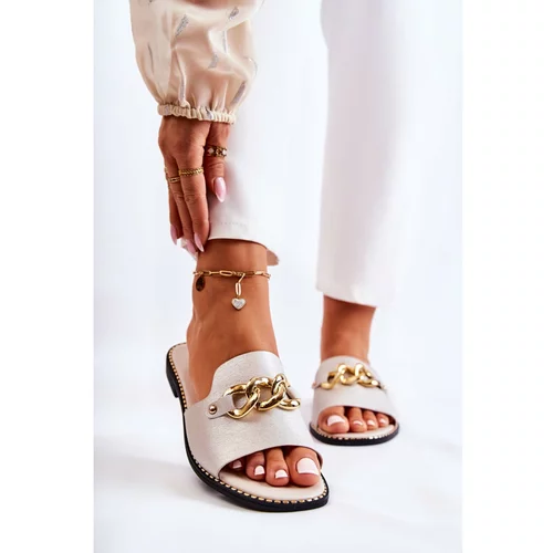 Kesi Fashionable Slippers With A Chain On A Flat Heel Gold Finess