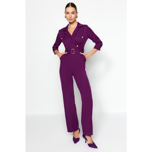 Trendyol Plum Belt, Double Breasted Collar Woven Jumpsuit Slike