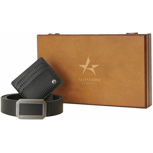 ALTINYILDIZ CLASSICS Men's Black Special Wooden Gift Boxed Belt - Card Holder Accessory Set Groom's Pack Cene