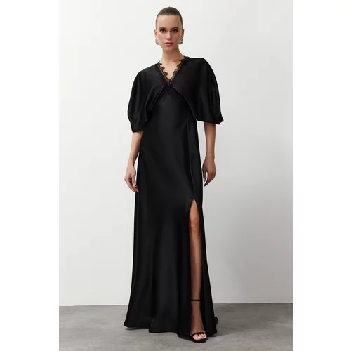 Trendyol Black Lace Detailed Satin Long Evening Dress