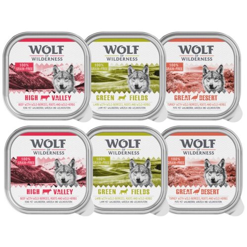 Wolf of Wilderness Adult 6 x 300 g Mje&amp;scaron;ovito pakiranje: 2x High Valley, 2x Great Desert, 2x Green Fields Slike