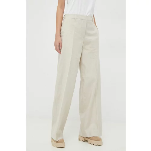 Calvin Klein Lanene hlače boja: bež, široke, visoki struk