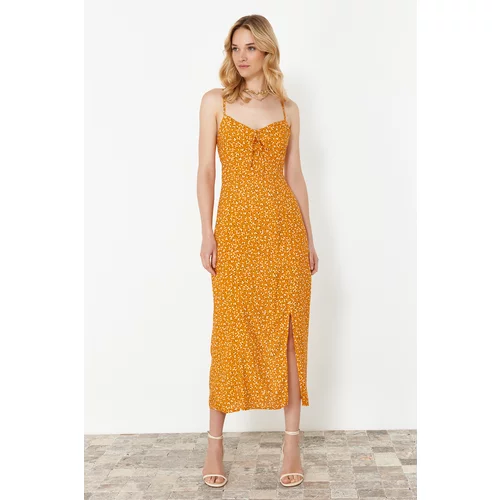 Trendyol Orange Floral Patterned Straight Cut Slit Detail Viscose Midi Woven Dress