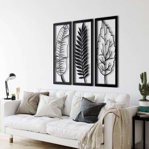 Wallxpert metalni zidni ukras 5250, tri lista u 3 uramljena panela, 94 x 75 cm, crni Cene