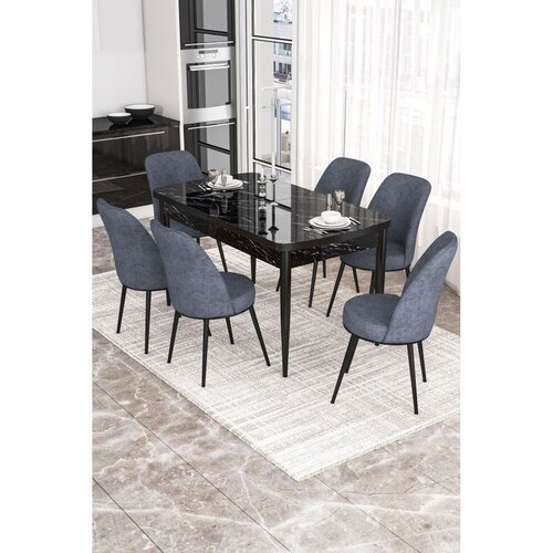 Hanah home trpezarijski set Via, sto na razvlačenje i 6 stolica, ploča u dekoru crnog mermera, dimno siva tkanina Jerry Cene