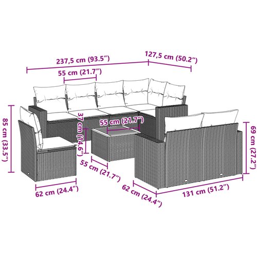  9-dijelni set vrtnih sofa s jastucima crni od poliratana Slike