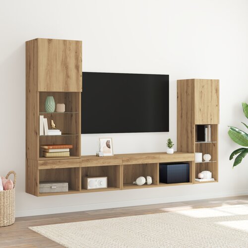 VidaXL TV ormar s LED svjetlima umetnički hrast 40.5x30x102 cm, TV zidni ormarići s LED svjetlima 2 kom. umetnički hrast 80x30x30 cm Slike