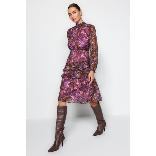 Trendyol Black Frilled Lined Chiffon Midi Dress Slike