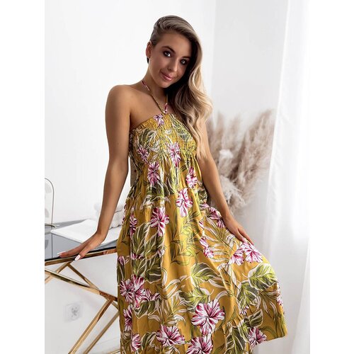 Resti Yellow women's midi dress with floral pattern - Clothing Cene
