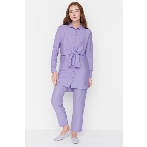 Trendyol Lilac Buttoned Waist Tie Detailed Woven Bottom-Top Set