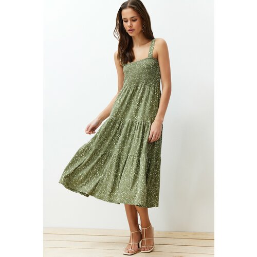 Trendyol green gimped printed skater/waist open elastic knitted midi dress Cene