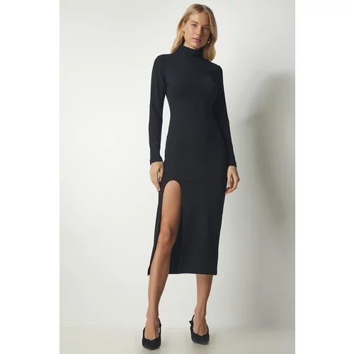 Happiness İstanbul Women's Black Slit Knitted Dress With Standing Collar Camisole