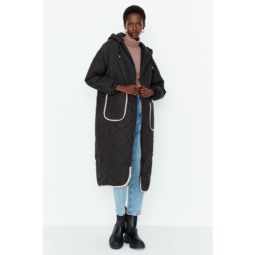 Trendyol Black Oversize Hooded Pocket Detailed Quilted Coat Slike