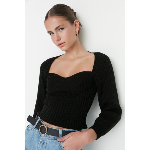 Trendyol black crop heart collar knitwear sweater Cene