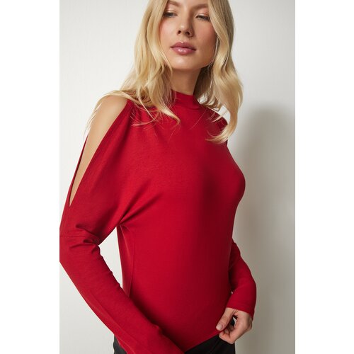 Happiness İstanbul Women's Red Stand-up collar Knitwear Blouse with Decollete Slike