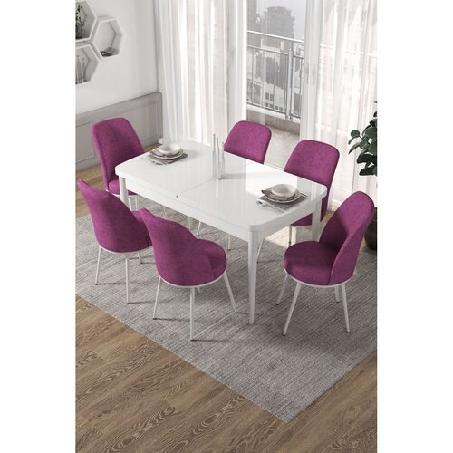 Hanah home trpezarijski set Via, sto na razvlačenje i 6 stolica, bela ploča, ljubičasta tkanina Jerry Cene