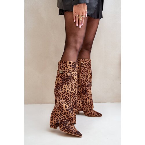 FI1 Women&amp;#039;s Knee High Heeled Boots Leopard Brown Portora Slike