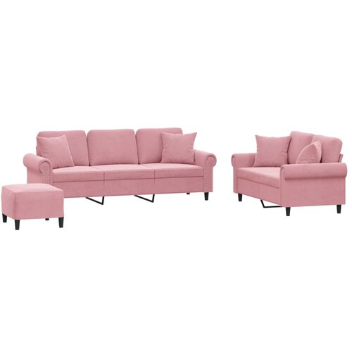 VidaXL 3-dijelni set sofa s jastucima ružičasti bar&amp;scaron;unasti - Ružičasta s jastucima i tabureom Slike