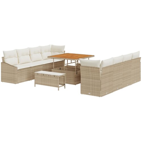 VidaXL 11-dijelni set vrtnih sofa s jastučićima bež poli ratan akacija, 2-sjedalna vrtna sofa s odlaganjem i jastučićima bež poli ratan, 3-dijelni vrtni set za objedovanje s jastučićima bež poli ratan akacija Slike