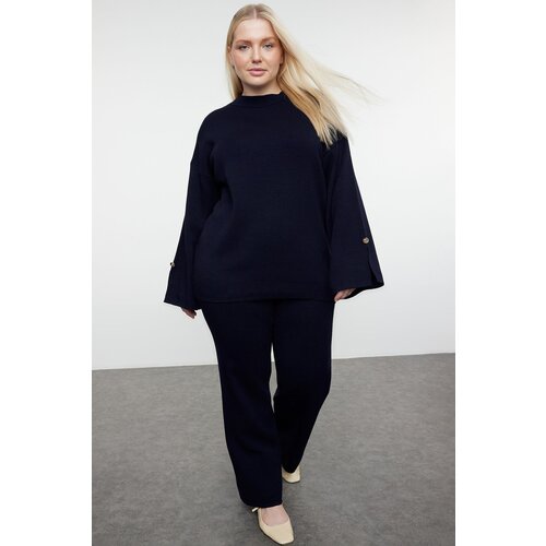 Trendyol Curve Navy Blue Knitwear Plus Size Bottom-Top Set Slike