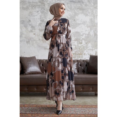 InStyle Danny Pattern Belted Chiffon Dress - Brown Slike