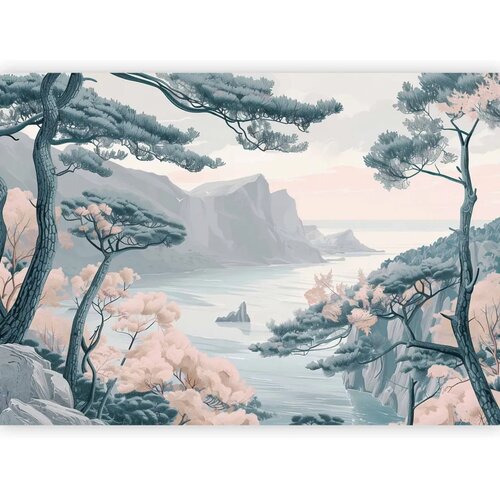  Foto tapeta - Mountainous Coast with Trees and Rocks in Light Pastel Blues 300x210 Standard Slike