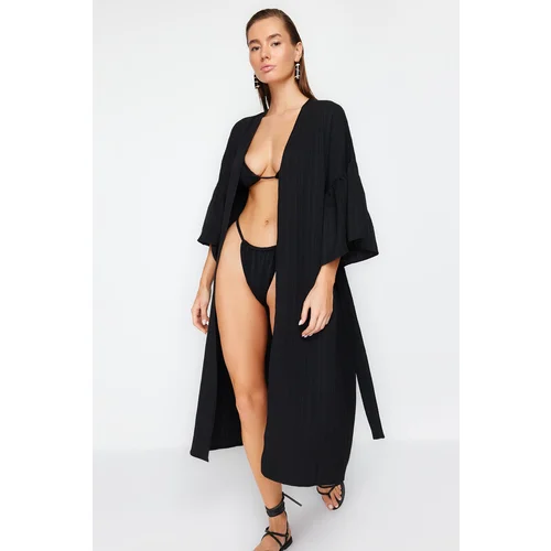 Trendyol Black Belted Maxi Woven Flounce Linen Blend Kimono & Kaftan