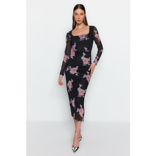 Trendyol Black Tulle Floral Fitted Square Collar Long Sleeve Maxi Stretch Knit Dress Slike