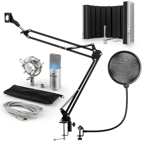 Auna MIC-900S-LED USB V5, srebrni, kondenzatorski mikrofon, nosač mikrofona, apsorpcijski panel, pop filter