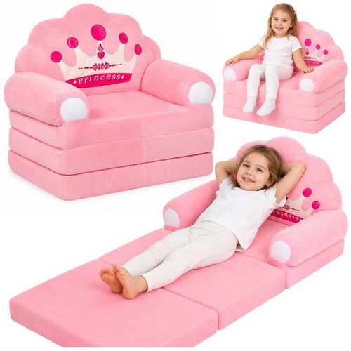  Reclining Armchair Sofa Lounger with Crown 2in1 For Children Soft Pink Slike