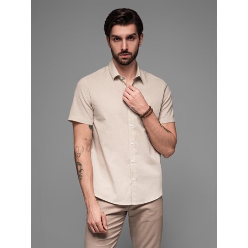 Ombre Men's short sleeve shirt with Cuban collar - dark beige Slike