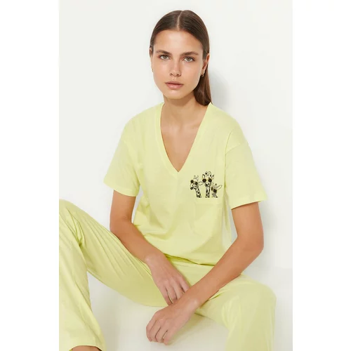 Trendyol Yellow 100% Cotton Printed Pocket Detailed Wide Fit T-shirt Trousers Knitted Pajamas Set