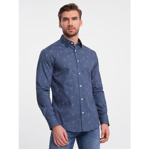 Ombre Classic men&amp;#039;s cotton SLIM FIT shirt in palm trees - dark blue Slike