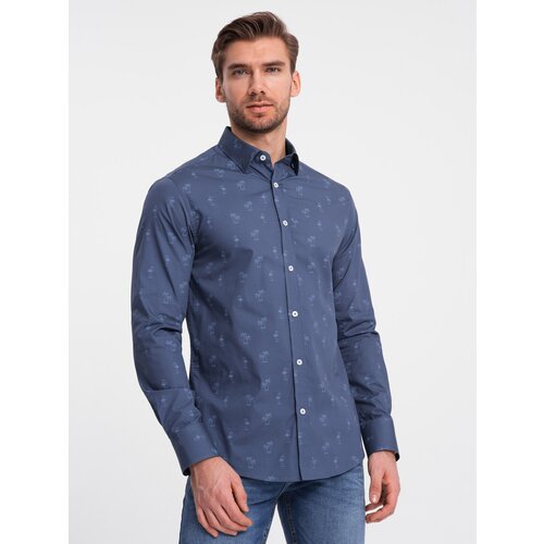 Ombre Classic men's cotton SLIM FIT shirt in palm trees - dark blue Cene