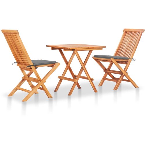 VidaXL 3-dijelni bistro set sa sivim jastucima od masivne tikovine Slike