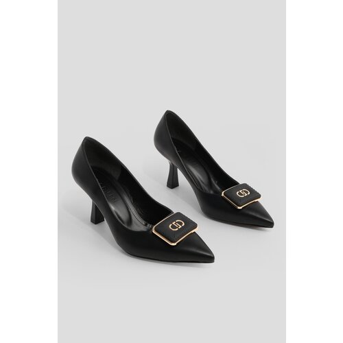 Marjin Women's Stiletto Pointed Toe Buckle Thin Heel Heel Shoes Elsem Black Slike