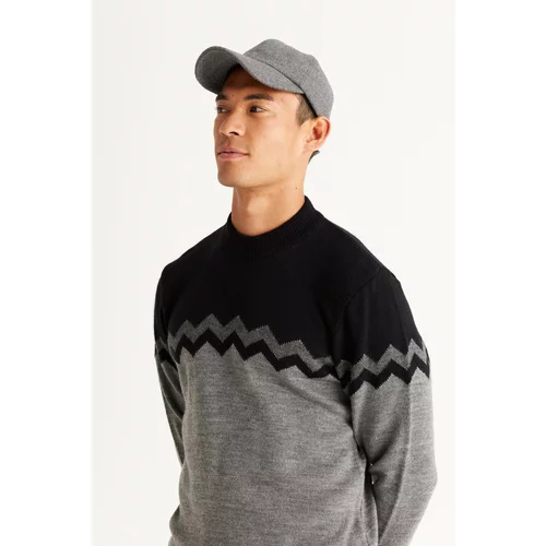 AC&Co / Altınyıldız Classics Men's Black-gray Melange Standard Fit Normal Cut Half Turtleneck Zigzag Pattern Knitwear Sweater.