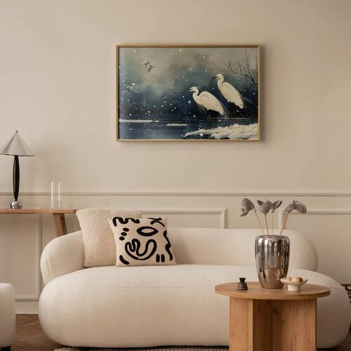  Plakat - Herons over a Winter Pond - illustration in the Japanese style in dark colors 90x60 Zlatni okvir Slike